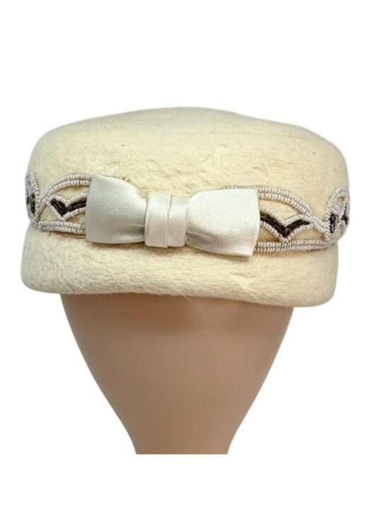 Jan Leslie Beaded Wool Hat Off White Designer‎ Cap 1990s main image 4
